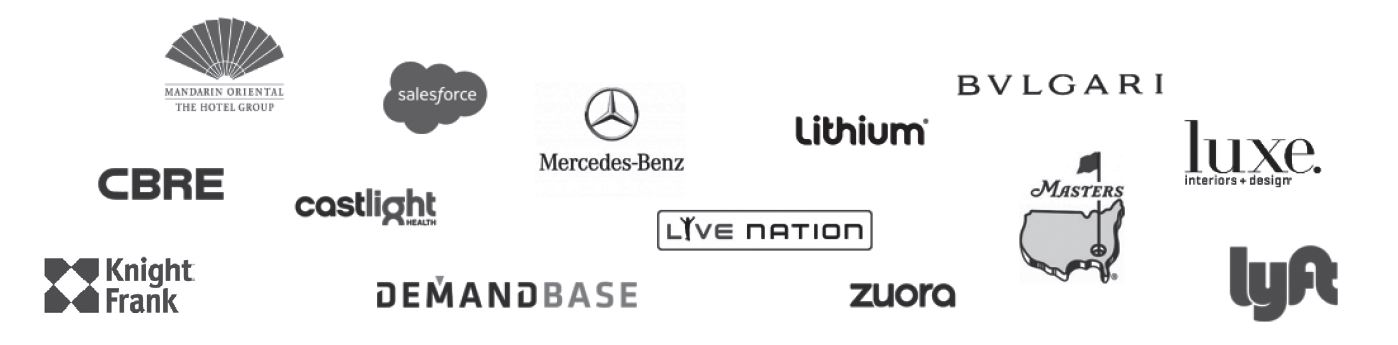Logos for past customers Mandarin Oriental, Salesforce, Mercedez-Benz, Lyft, an others